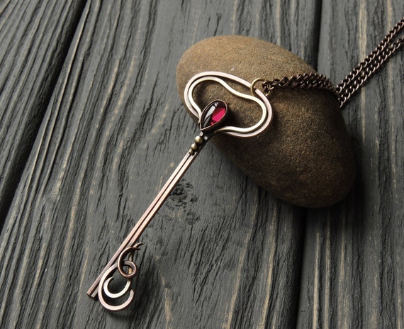 Goth pendant necklace Fairy key necklace Copper key pendant Magical jewelry