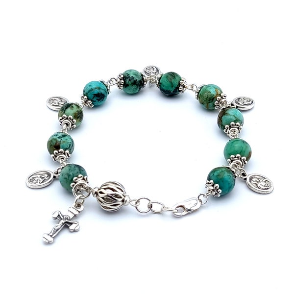 Our Lady of Mount Carmel jade green and silver lattice single decade rosary bracelet with double sided crucifix.