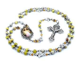 Divine Mercy and Our Lady of Grace citrine gemstone rosary beads with Holy Spirit Our Father beads and pardon crucifix.