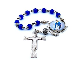 Our Lady of Grace sapphire gemstone single decade rosary beads with the Resurrection Crucifix.