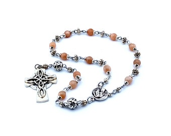 Saint Rita gemstone single decade rosary beads with Celtic cross and rose center medal.