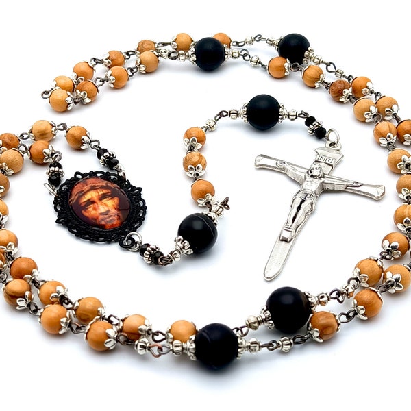 Holy Face of Jesus wooden rosary with onyx gemstone beads and nail crucifix.