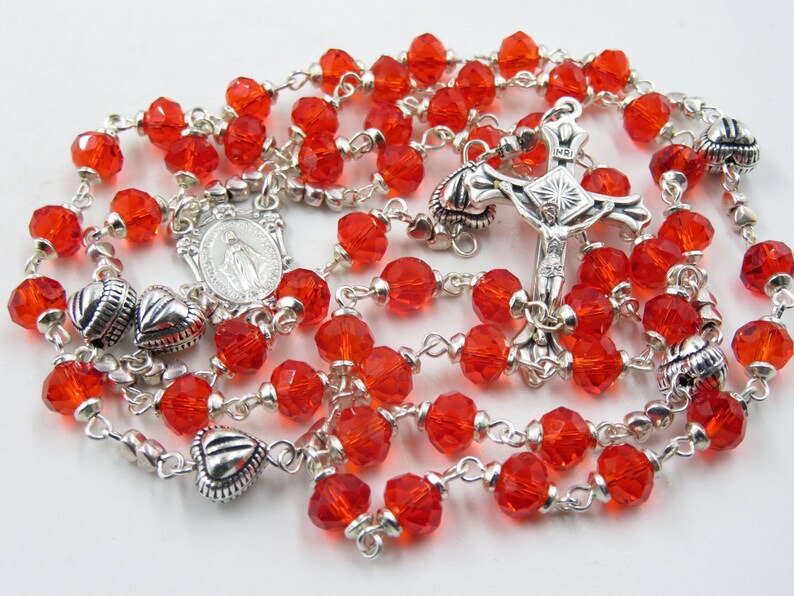 Lovely Miraculous Medal Rosary Beads Red Crystal Rosary Etsy UK