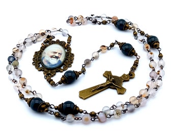 Saint Padre Pio vintage style agate gemstone rosary beads with brass Saint Benedict crucifix.