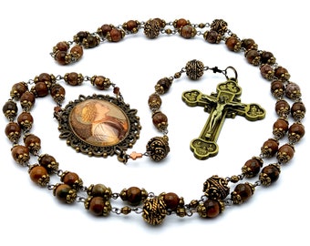 Saint Angel Gabriel vintage style jasper gemstone rosary beads with Twelve Apostles brass crucifix.