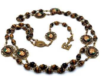 Vintage dolor Our Lady of Sorrows tiger eye gemstone prayer beads with Miraculous medal centre, antique style Virgin Mary prayer chaplet.