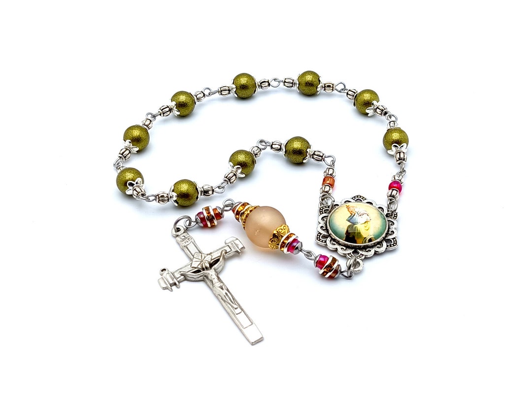 Our Lady of La Salette Single Decade Green Glass Rosary Beads With La