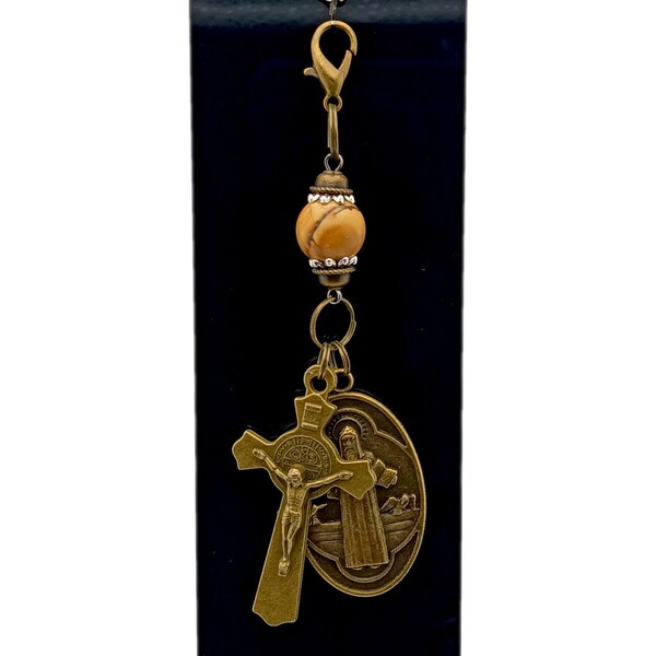 Vintage Saint Benedict medal and crucifix purse clip key chain with sandwood gemstone bead.