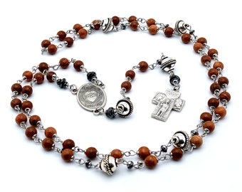 Sacred Heart of Jesus wooden rosary beads with Saint Christopher and Holy Family cross, Jesus Mary and Joseph wood rosary beads.