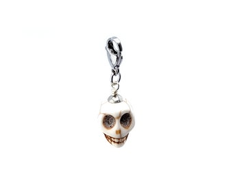 Large Memento Mori howlite purse clip key fob key chain with stainless steel lobster clasp.