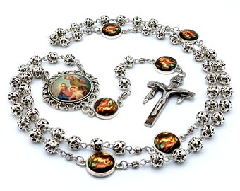 Holy Family Tibetan silver filigree rosary beads with stainless steel crucifix, Virgin and child Jesus rosaries.