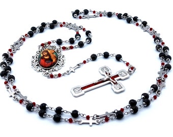 Way of the Cross gemstone prayer chaplet beads with stainless steel linking cross bead and Stations of the Cross enamel crucifix.