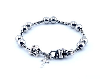 Solid silver single decade rosary bracelet with stainless steel beads, silver mother and child charm.