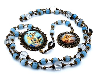 Saint Michael vintage style aquamarine and crystal gemstone prayer bead chaplet with domed picture medal of Saint Michael.