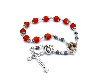 Sacred Heart of Jesus red frosted glass single decade rosary and red scapular gift set.