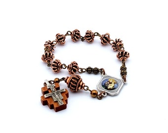 Saint Anthony of Padua copper lattice bead single decade rosary with wooden Saint Damian crucifix.