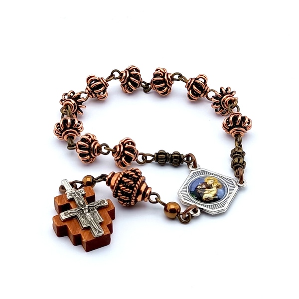 Saint Anthony of Padua copper lattice bead single decade rosary with wooden Saint Damian crucifix.