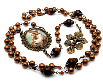 Stations of the Cross hematite gemstone rosary beads with brass pardon crucifix, Way of the Cross copper and tigers eye gemstone rosaries.