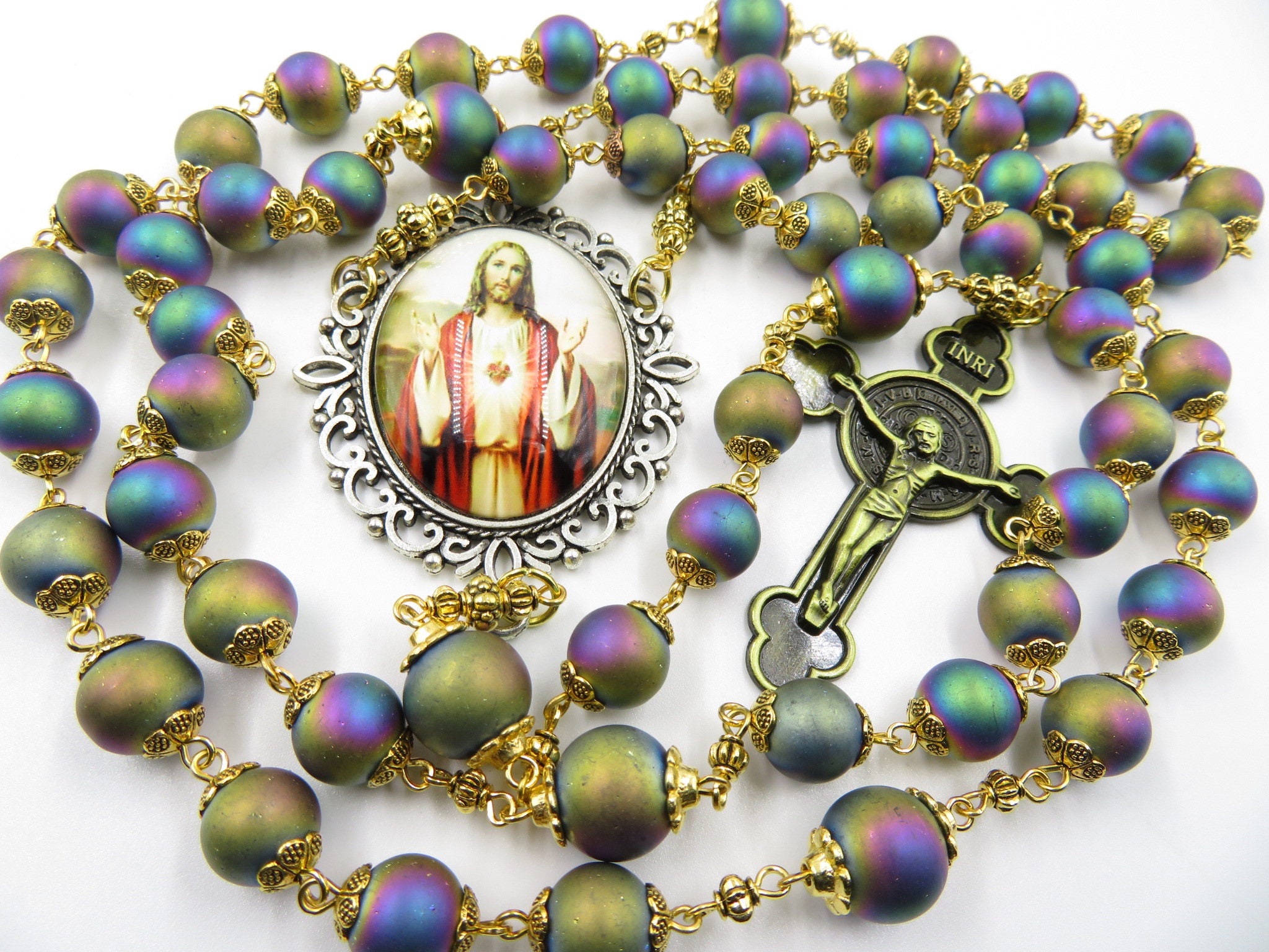 Large Antique style Handcrafted Rosary beads Sacred Heart of Etsy