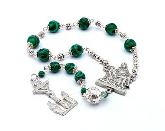 Servite pocket dolor chaplet prayer beads, Our Lady of Sorrows malachite gemstone dolor prayer beads with La Pieta centre medal.