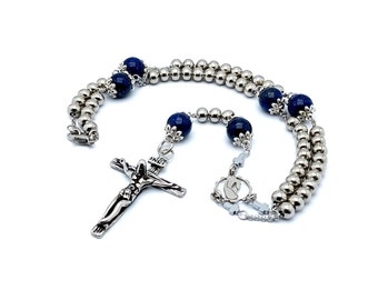 Virgin Mary lapis lazuli gemstone and stainless steel rosary beads necklace with stainless steel crucifix.