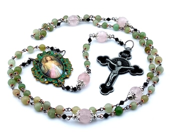 Verdigris Divine Mercy gemstone rosary beads with rose quartz Our Father beads and enamel Saint Benedict crucifix.
