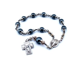 Saint Christopher and Holy Family single decade hematite gemstone rosary beads with Miraculous medal center.