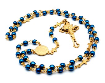 Saint Benedict gold plated stainless steel and hematite gemstone rosary beads with engraved stainless steel crucifix.