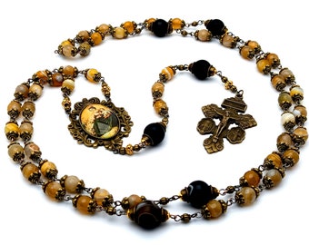 Vintage style Our Lady of Mount Carmel faceted agate and onyx gemstone rosary beads with Miraculous medal and Saint Benedict brass crucifix.