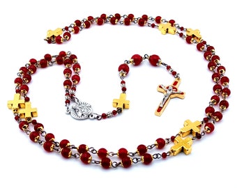 God the Father jasper gemstone prayer chaplet with Holy Spirit red enamel crucifix and gold cross beads.