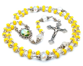 Our Lady of Fatima yellow faceted glass beads with crystal Our Father beads and four Basilicas silver crucifix.