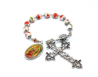 Our Lady of Guadalupe floral porcelain single decade rosary beads with floral cross, tenner Our Lady of Guadalupe porcelain rosary beads.