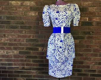 Sleek 80s Dress with Detachable Peplum Skirt• Abstract Blue & White Print• 3/4 Length Sleeve• Below the Knee• Silky Polyester Midi Dress