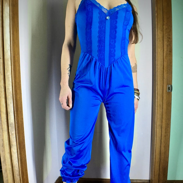 1970s/80s Cobalt Blue Nylon and Lace Romper PJs• Genie Pants w Elastic at Ankles•  Vintage One Piece Sleepwear• Jumpsuit Pajamas• XS/S