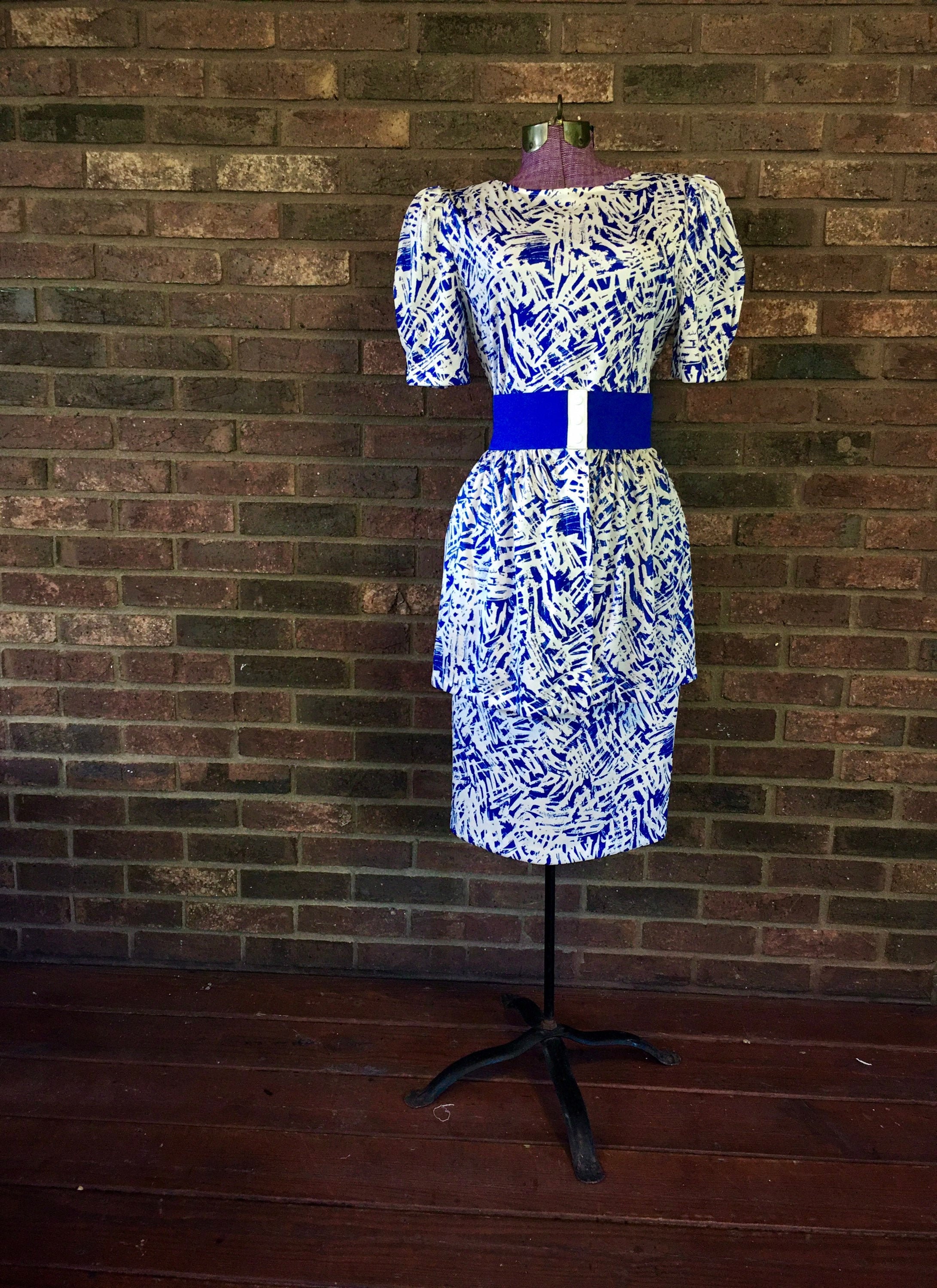 Blue & White Dress with Detachable Peplum Skirt 1980s