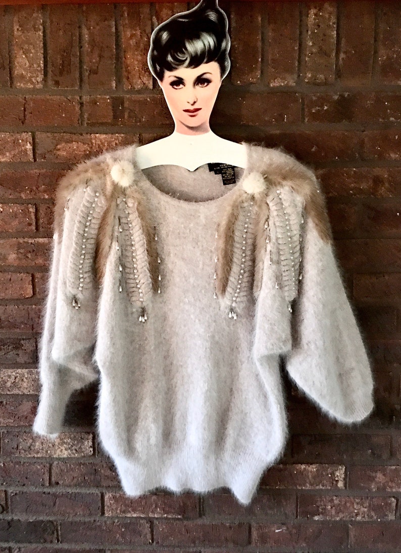 Pearls and Fur\u2022 Stretchy Soft Nylon\u2022 One of a Kind\u2022 Christine Phillipe\u2022 Versatile Fit Amazing Tan Angora Sweater from the 90s\u2022 Braids