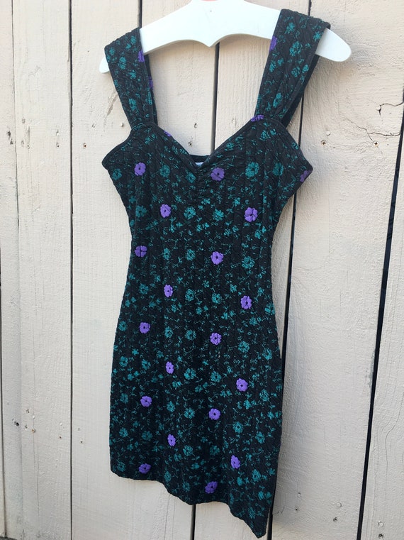 80s/early 90s Little Black Tube Dress with Purple… - image 1