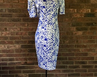 Blue & White Dress with Detachable Peplum Skirt 1980s