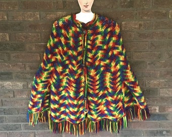 Rainbow Knit Sweater Cape w Fringe & Arm Slits• 1960s Poncho• Collar• Buttons• Handmade• Pride• OSFM• Excellent Vintage Condition