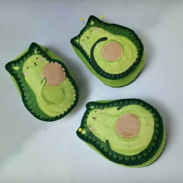 Avocado Cat Pincushion - Handmade - Craft Supplies - Soft - Felt - Cute