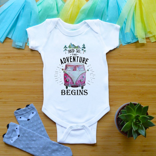 Newborn Coming Home Outfit, Take Home Outfit, And So The Adventure Begins Baby Bodysuit, Hippie Baby Shower Gift, Camper Van Shirt