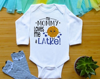 Mommy Loves Me A Latke Baby Outfit, Funny Hanukkah Baby Clothes, Jewish Baby Shower Gift, Chanukah Toddler Shirt, Newborn First Hanukkah