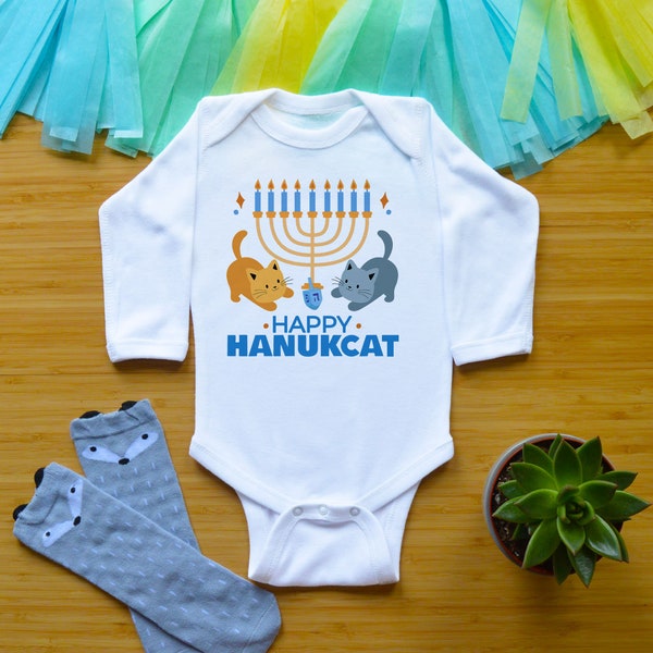 Funny Hanukkah Baby Outfit, Happy Hanukkah Cat Toddler Shirt, Newborn Chanukah Baby Clothes, Happy Hanukcat Baby Shirt
