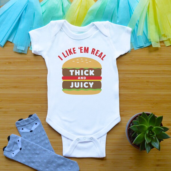 Summer BBQ Bodysuit or Shirt, Funny Baby Shower Gift, Newborn Baby Clothes, I Like 'Em Thick And Juicy Kid Tees, Cheeseburger Shirt