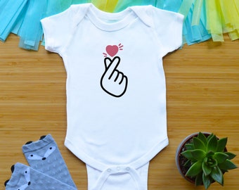 KPop Finger Heart Baby Outfit, Korean Baby Shower Gift, BTS Music Toddler Shirt, Funny Newborn Baby Clothes, Valentine's Day Baby Outfit