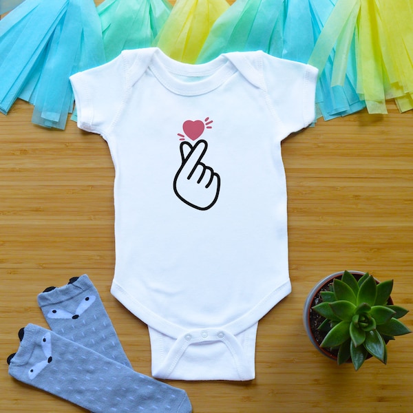 KPop Finger Heart Baby Outfit, Korean Baby Shower Gift, BTS Music Toddler Shirt, Funny Newborn Baby Clothes, Valentine's Day Baby Outfit