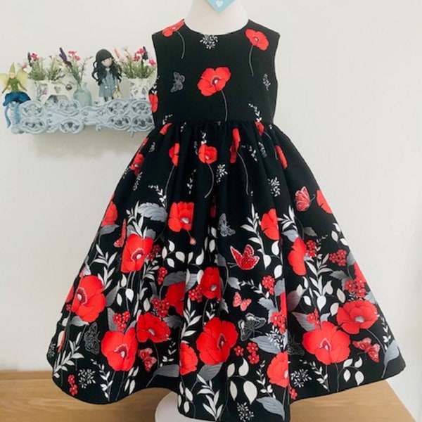 Eve, Large Red Poppies Border on Black, girls dresses, girls clothing, girls fashion, handmade children's dress, 2 years up to 8 Years