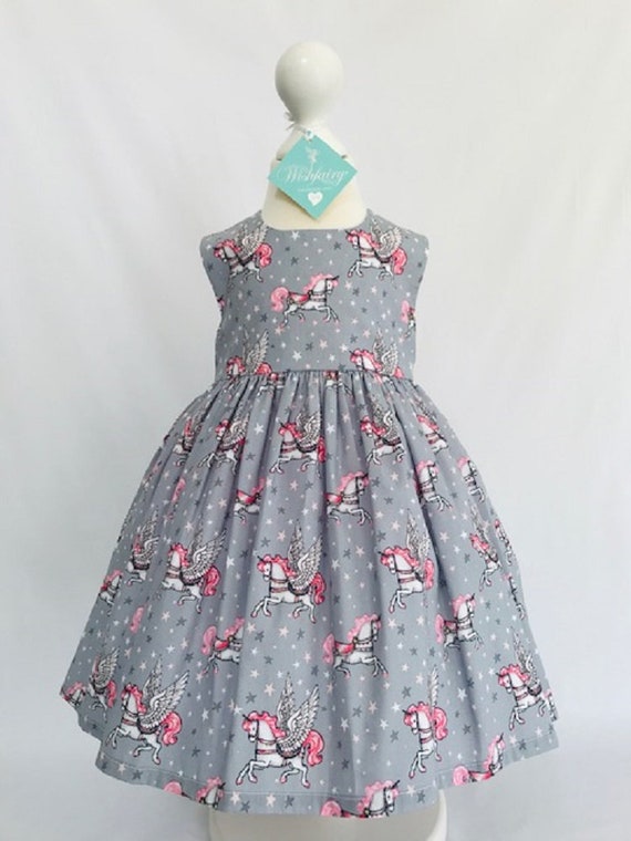 Bunty unicorn on Grey handmade Baby Girl Dress baby Party Dress