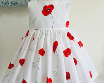 Eve, Coquelicots rouges sur blanc, robes de filles, vêtements de filles, mode de filles, robe d’enfant faite à la main, 2 ans à 8 ans