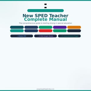 May include: A digital manual titled New SPED Teacher Complete Manual, The comprehensive guide to starting strong in special education. It features rows of colored rounded rectangles and labels for Fillable PDF, 11-Tab Google Sheets, and 25 Comprehensive Pages.